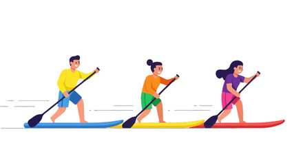 Thrilling Paddleboarding Adventure Depicted With Energetic People in Colorful Attire