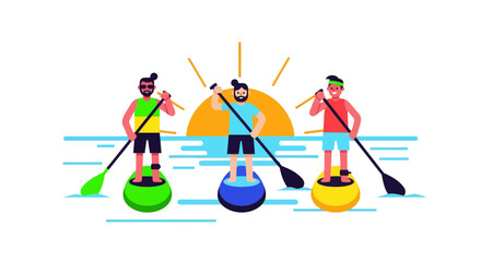 Thrilling Paddleboarding Experience: Friends Exploring the Waters at Sunset Together