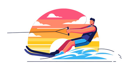 Thrilling Water Skiing Adventure Against A Vivid Sunset Scene For Summer Fun