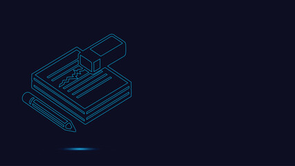 Digital Isometric Blue Neon Outline Drawing Featuring Essential School and Office Supplies Including a Sharpened Pencil Stack of Paper Documents and a Correction Rubber Eraser for Educationa