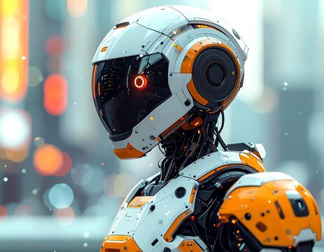 A futuristic humanoid robot with a white and orange helmet and body, gazing left, set against a blurred city backdrop with bokeh