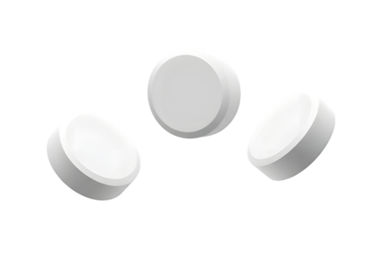 Three floating round white unbranded tablets, medical and pharmaceutical concept, isolated on transparent background
