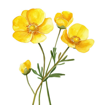 A minimal layout design, a Watercolor painting of a buttercup flower, delicately hand-painted with artistic brush strokes, white background, vector EPS