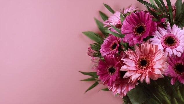 A holiday greeting card concept featuring a bouquet of gerberas on a pink background, captured in a top view flat lay style, suitable for Mother's Day, Valentine's Day, or Easter, with copy space and