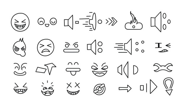 Collection of hand drawn expressive facial emojis and sound wave icons representing emotions and audio communication in a doodle art style