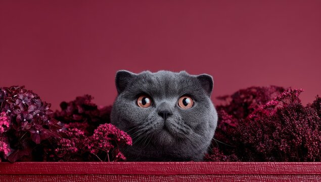 A British kitten sitting in a red gift box filled with flowers serves as a delightful present for birthdays, Valentine's Day, or the March 8 celebration