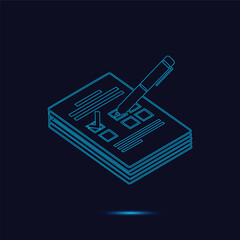 Isometric Neon Blue Outline Vector Graphic Showing a Stack of Business Documents and a Pen Marking a Checklist Box Highlighting Successful Task Completion and Digital Data Reporting on a Dar