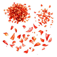 A minimal layout design, a Watercolor painting of a chili_flakes, delicately hand-painted with artistic brush strokes, white background, vector EPS