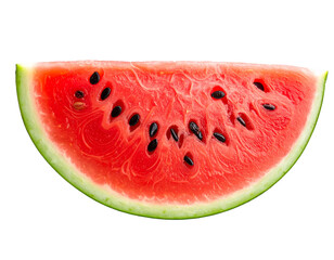 slice of juicy red watermelon with black seeds, refreshing fruit, transparent background.