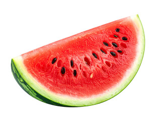 slice of juicy red watermelon with black seeds, refreshing fruit, transparent background.
