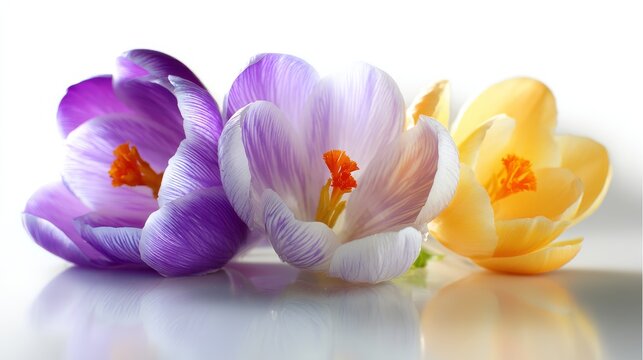 Crocus blossoms that are stunning are set against a plain white backdrop for a card design