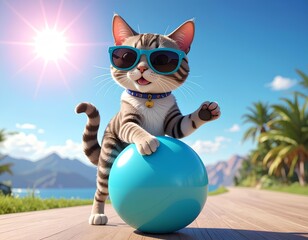3D Funky Cat with Sunglasses Posing with One Foot on Ball, Fun Character Render.