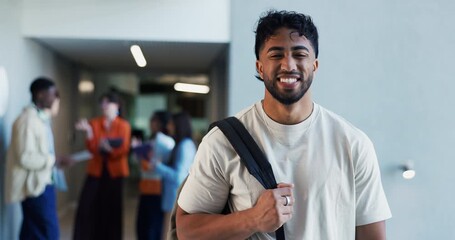 Face, education and man with smile, college and happy to learn with scholarship, student and hallway. Learner, laughing and people with funding opportunity for university, knowledge or academic grant
