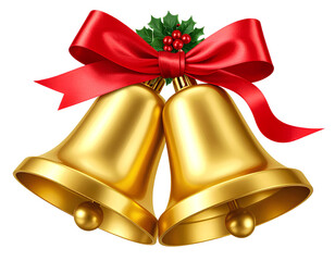3D Render of Golden Christmas Bells with Ribbon and Garland Accent, PNG Transparent.