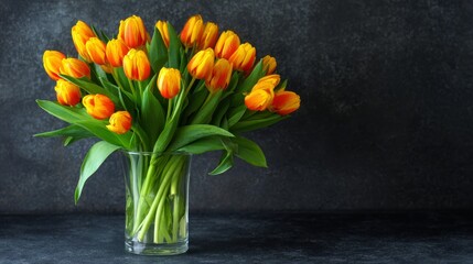 A stunning arrangement of tulips in a vase set against a soft gray backdrop, captured from an overhead perspective, providing ample space for personalized text