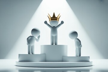 Celebrate your success with this triumphant gold crown winner on the podium, feeling victorious as competitors watch with admiration and respect