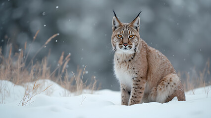 Fototapeta premium Lynx in the Snow. Rare Wildlife Photography. Ultra Realistic Lynx Images. Snowy Landscape and Lynx Encounter.