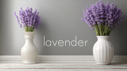 A vase on a table holds purple dried lavender against a pale gray background, with space for inspirational messages or quotes, captured from a frontal perspective