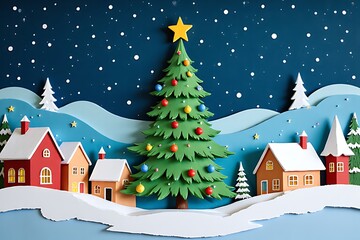 Fototapeta premium A christmas tree in a winter wonderland paper art landscape scene