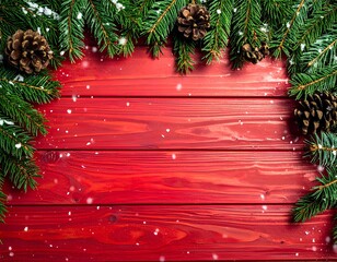 A festive Christmas background made of rustic red wooden planks with green fir branch.