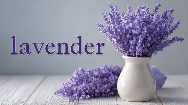 A frontal view showcases a vase arranged on a table, containing dried lavender in shades of purple, set against a pale gray background, with available space for adding meaningful quotes or sayings