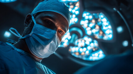 Close up of a surgeon in scrubs and mask looking down with surgical lights overhead