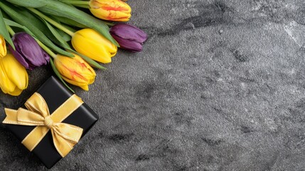 A celebratory setup consisting of tulips and a gift wrapped in green ribbons, positioned on a grey background, captured from directly above with plenty of room for additional text