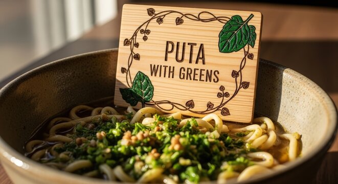 Puta with Greens &ndash; Buckwheat Noodles with Green Flecks, Pine Wood &lsquo;PUTA WITH GREENS&rsquo; Sign, Buckwheat Vine & Spinach Motifs