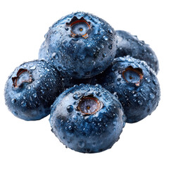 Close up pile of fresh blueberries covered in glistening water droplets against black