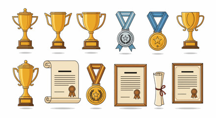 Achievements Vector Set of Gold Trophies, Medals and Diploma Icons
