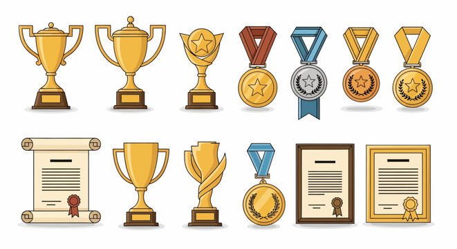 Vector Collection of Trophies, Medals, and Certificates for Achievement and Recognition