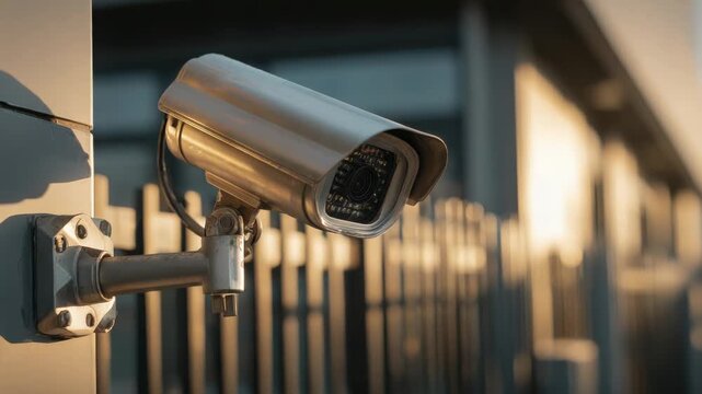 Silver Outdoor Security Camera Mounted On A Pillar With A Blurred Metal Fence Background Illuminated By Warm Evening Sunlight Casting Long Shadows Across The Scene