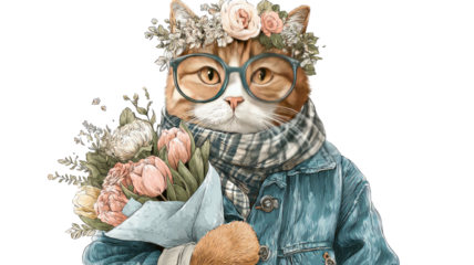 Cute floral cat character wearing glasses denim jacket and scarf holding pastel flower bouquet in artistic style isolated on white background