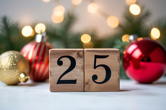 Christmas day concept with wooden blocks, ornaments and bokeh lights background