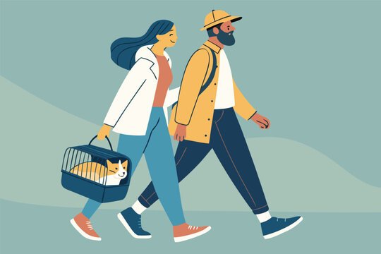 A joyful couple strolls with their beloved feline companion during a scenic car journey, capturing life's simple pleasures.