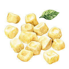 Watercolor type, An Imaginary Minimalistic 2D flat icon gnocchi pasta, modern element in vector and EPS format, isolated on a white background, Simple illustration