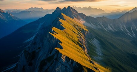 Stunning mountain ridge with glowing light creates inspiring travel destination landscape at sunset, perfect for adventure seekers