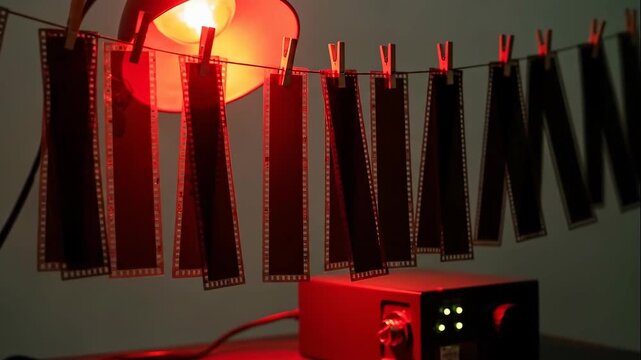 Film strip drying in darkroom with red light. Old school analog photography developing process for vintage film.