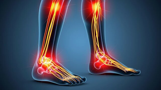 Foot Pain Medical Illustration. A medical illustration highlights foot pain points with glowing red inflammation markers along the bones and nerves.
