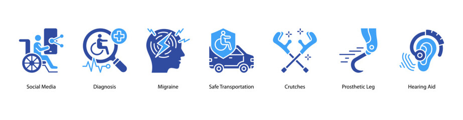 Health Accessibility web banner illustration featuring Social Media, Diagnosis, Migraine, Safe Transportation, Crutches, Prosthetic Leg, and Hearing Aid. Promotes mobility and medical innovation.