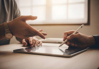 Two people collaborating with tablet and stylus in bright room — digital teamwork, discussion, and modern learning concept