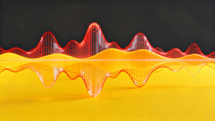 3D Rendered Abstract Digital Waveform or Data Graph with Red Wireframe and Translucent Yellow Glass on Bright Surface for Technology and Analysis