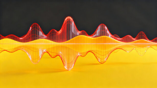 3D Rendered Abstract Digital Waveform or Data Graph with Red Wireframe and Translucent Yellow Glass on Bright Surface for Technology and Analysis