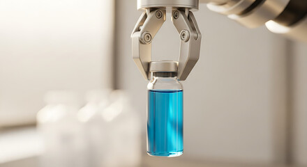 Precision robotic arm holding vial of blue liquid for medical research, showcasing automation and pharmaceutical technology, innovation and advanced science