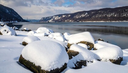 Snow-Covered Rocks on the Hudson River Shoreline with Mountains in Winter