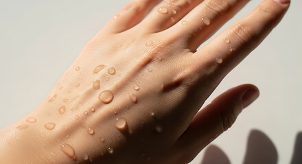 Hydrated beauty concept showcasing dewy skin with water droplets glistening on a woman's hand, promoting fresh skincare and healthy lifestyle choices