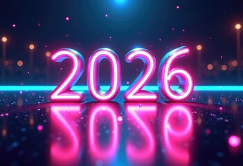 Bright neon blue and magenta 2026 numbers glowing on a reflective dark glossy surface with holographic sparkles, futuristic New Year background, holiday advertising, event promotions, digital projects
