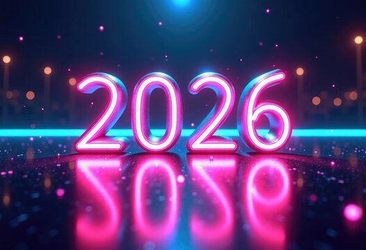 Bright neon blue and magenta 2026 numbers glowing on a reflective dark glossy surface with holographic sparkles, futuristic New Year background, holiday advertising, event promotions, digital projects