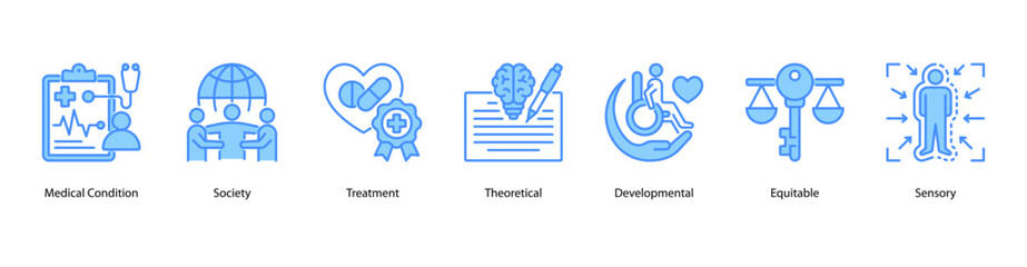 Health and Disability Awareness web banner illustration featuring Medical Condition,Society, Treatment, Theoretical, Developmental, Equitable, and Sensory. Promotes inclusive healthcare understanding.