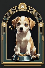 Art Deco Puppy Sad Vector Portrait with Begging Bowl